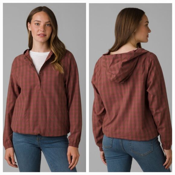 🔸️Prana Maroon Pollino Checker Buttoned Hooded Long Sleeve Top Large - Picture 1 of 12